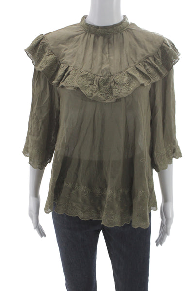 Nili Lotan Women Bohemian Tunic Blouse Green High Neck 3/4 Sleeve Size S