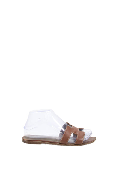 Hermes Women's Oran Leather Flat Sandals Classic Brown Size 7