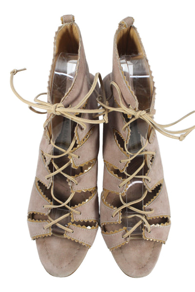 Manolo Blahnik Womens Suede Lace Up Sandal Heels Pink Brown Size 39 9