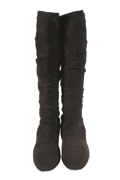 Manolo Blahnik Womens Suede Ruched Knee High Boots Brown Size 38.5 8.5