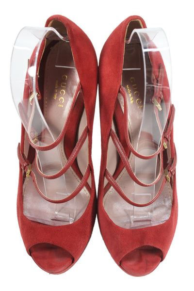 Gucci Womens Suede Strappy Low Platform Pumps Red Size 37.5 7.5