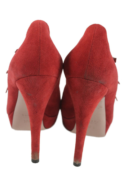 Gucci Womens Suede Strappy Low Platform Pumps Red Size 37.5 7.5