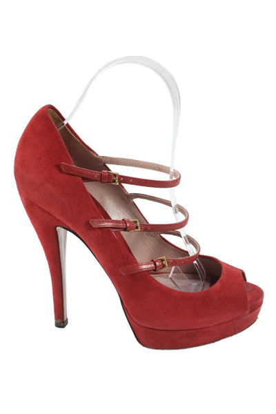 Gucci Womens Suede Strappy Low Platform Pumps Red Size 37.5 7.5