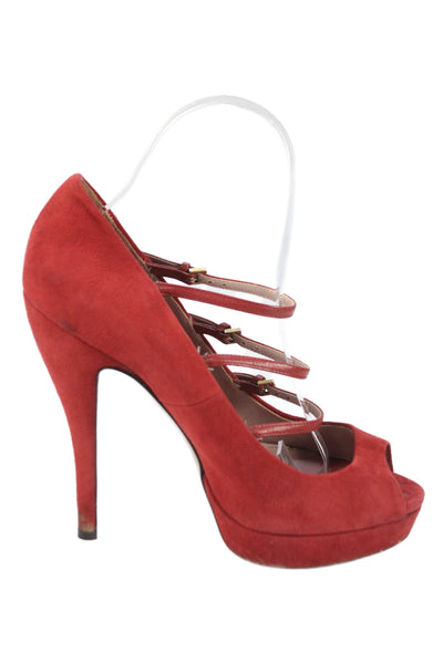 Gucci Womens Suede Strappy Low Platform Pumps Red Size 37.5 7.5