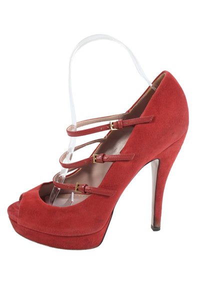 Gucci Womens Suede Strappy Low Platform Pumps Red Size 37.5 7.5