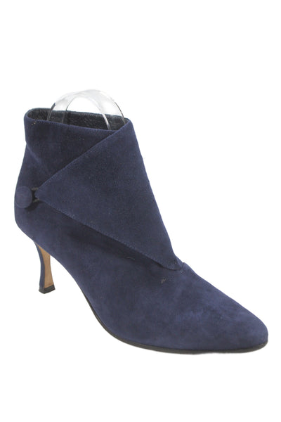 Manolo Blahnik Womens Suede Fold Over Button Ankle Boots Navy Blue Size 36.5 6.5
