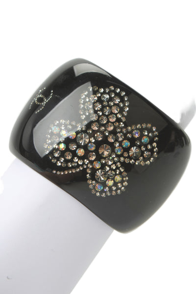 Chanel Womens Black Acrylic Rhinestone Clover Hinged Cuff Bracelet OS
