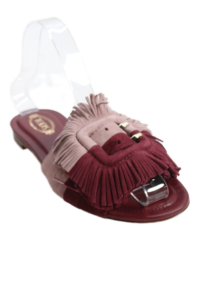 Tods Womens Leather Two Tone Fringed Suede Slide Sandals Burgundy Size 5.5