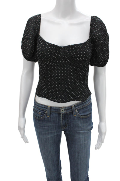 Reformation Women Cropped PolkaDot Square Neck Black Blouse Short Sleeve Size 0