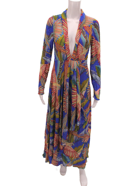 Farm Rio Women Maxi Dress Blue Animal Print V-Neck Long Sleeve Rayon Size XS