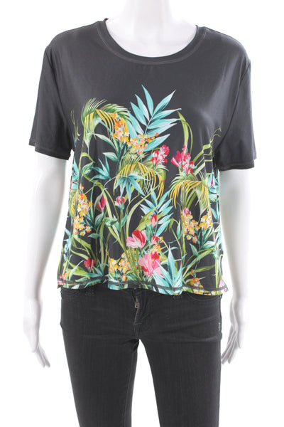 Johnny Was Women Black Jersey Floral T-Shirt Short Sleeve Size M