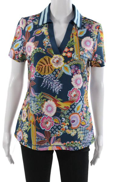 Johnny Was Womens Multicolor Floral Collared Pullover Polo Short Sleeve Size S