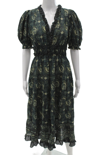 Ulla Johnson Women Fit & Flare Paisley V Neck Short Sleeve Midi Dress Size 2