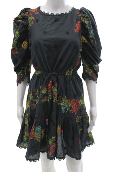 Farm Rio Women Fit & Flare Black Floral Cotton Dress Size S