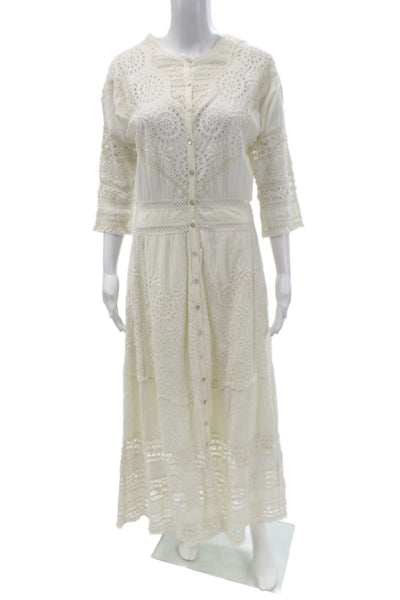 Love Shack Fancy Women Maxi Dress Ivory Cotton 3/4 Sleeve Round Neck Size M