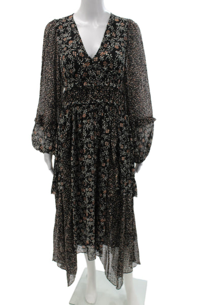 Ulla Johnson Women Maxi Floral Silk V-Neck Long Sleeve Dress Size 6
