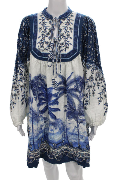 Farm Rio Women Shift Dress Blue Floral Long Sleeve Round Neck Size M