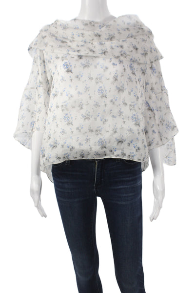 Rosie Assoulin Women Blue Silk Off Shoulder Floral Tunic 3/4 Sleeve Size L
