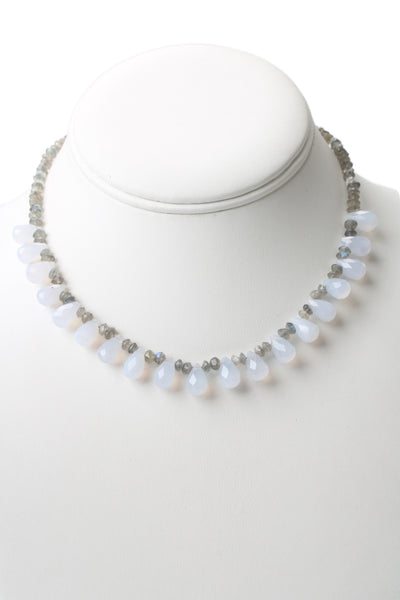 Designer Womens 925 Silver Chalcedony+Labradorite Fringe Necklace 14" 19g