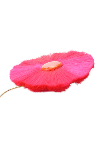 Hattie Carnegie Womens Vintage Gold Tone Pink Dynel Fiber Flower Brooch 6.25"