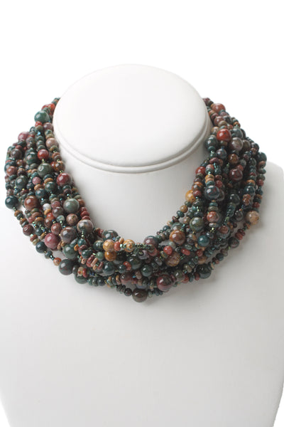 CHURCH Womens 925 Silver Jasper+Glass Bead Multistrand Necklace 18" 255g