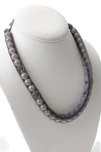 Lanvin Womens Gray Satin Imitation Pearl Ribbon Necklace OS