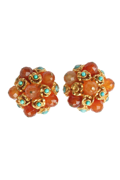 Barrera Womens Gold Plated Carnelian + Faux Turquoise Cluster ClipOn Earrings OS