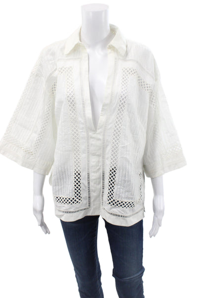 Oscar de la Renta Women Eyelet Lace Tunic White 3/4 Sleeve Size L