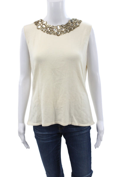 Oscar de la Renta Women Ivory Cashmere Beaded Basic Tank Round Neck Size XL