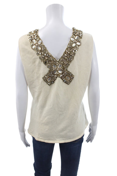 Oscar de la Renta Women Ivory Cashmere Beaded Basic Tank Round Neck Size XL