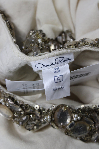 Oscar de la Renta Women Ivory Cashmere Beaded Basic Tank Round Neck Size XL