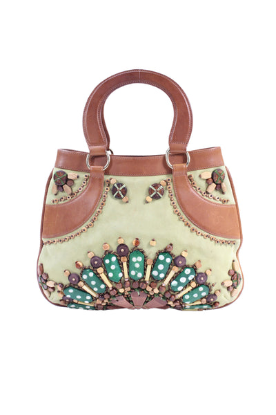 Oscar de la Renta Womens Leather Contrast Beaded Shoulder Handbag Green Brown
