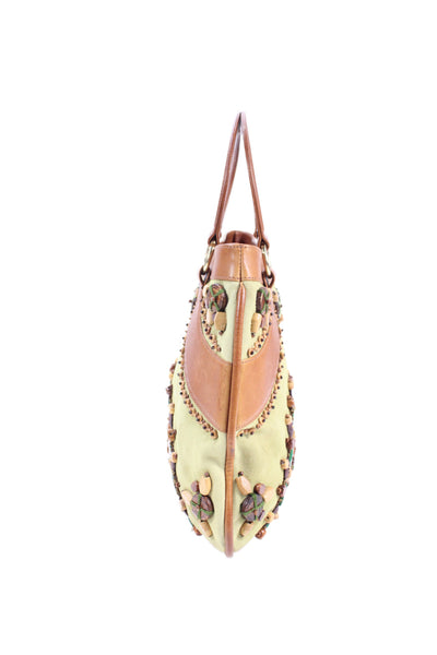 Oscar de la Renta Womens Leather Contrast Beaded Shoulder Handbag Green Brown