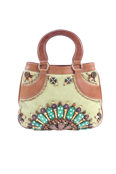Oscar de la Renta Womens Leather Contrast Beaded Shoulder Handbag Green Brown