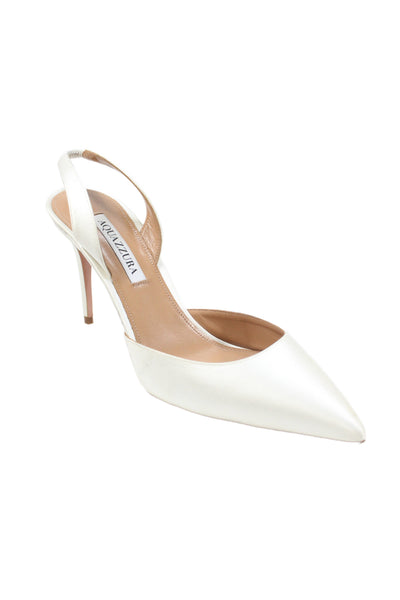 Aquazzura Womens Satin Pointed Toe Slingback Heels White Size 39.5 9.5
