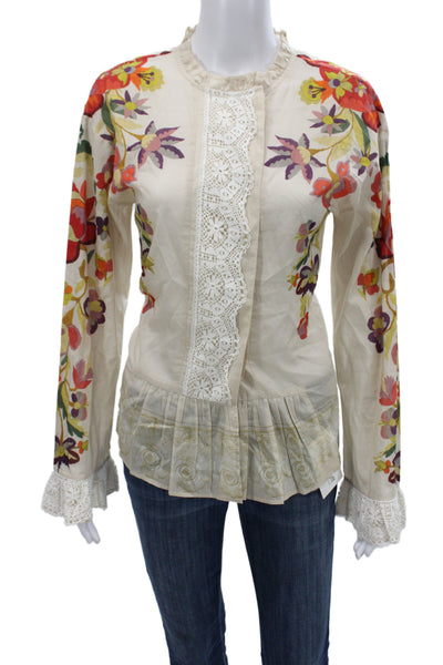 Etro Womens Tunic Blouse Floral Beige Cotton High Neck Long Sleeve Size 42