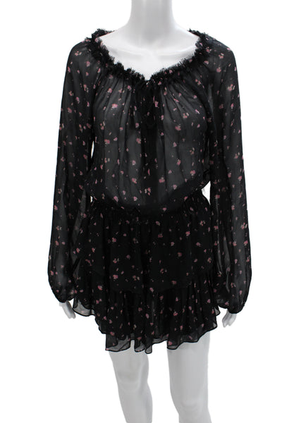 Love Shack Fancy Womens Black Floral Silk Blouson Dress Long Sleeve Size M