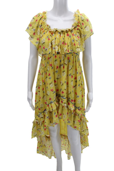 Love Shack Fancy Womens Yellow Floral Sundress Square Neck Zip Cotton Size 0