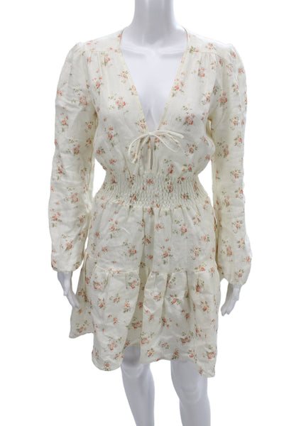 Reformation Womens Ivory Linen Floral V-Neck Tie Long Sleeve Mini Dress Size S