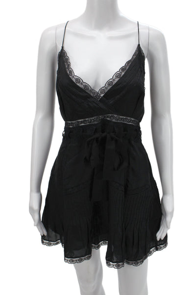 Love Shack Fancy Womens Silk Mini Dress Black V-Neck Sleeveless Tie Size 14