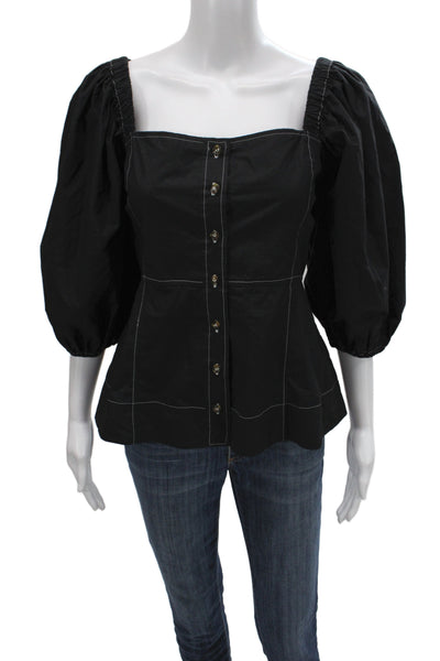 Ganni Womens Tunic Blouse Black Square Neck 3/4 Sleeve Cotton Size 38