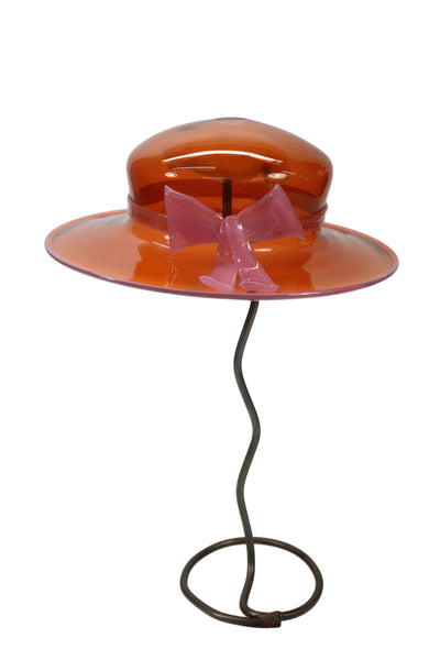 Vintage Glass Handblown Art Ladies Hat Sculpture Red Pink Bow