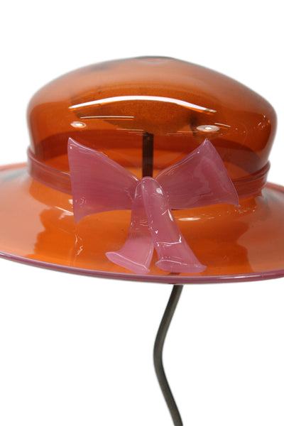 Vintage Glass Handblown Art Ladies Hat Sculpture Red Pink Bow