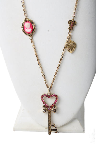 Tarina Tarantino Vintage Womens Gold Tone Pink Crystal Key Charm Necklace 36"
