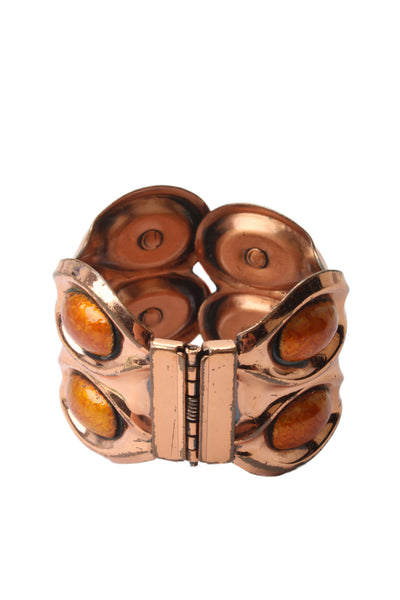 Matisse-Renoir Womens Vintage Midcentury Copper Tone Orange Enamel Hinged Cuff
