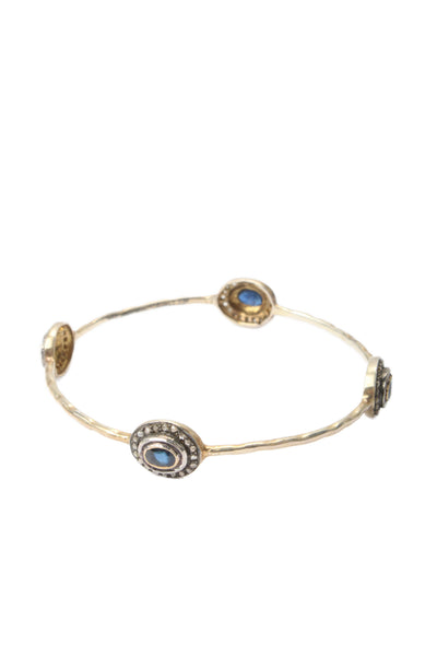 Designer Womens Gold Plated 925 Sapphire+Diamond Station Bangle 2.4" 12.1g