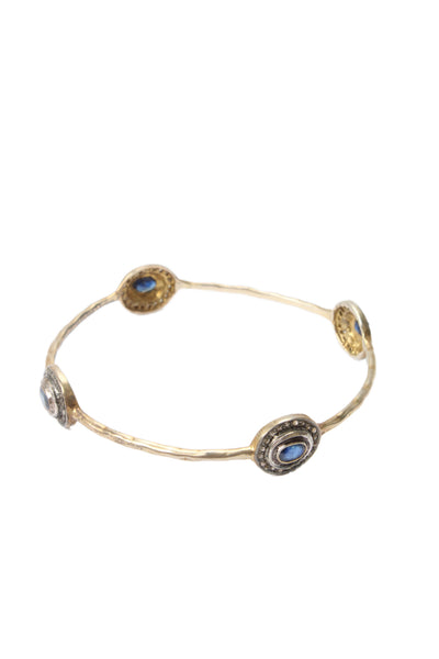 Designer Womens Gold Plated 925 Sapphire+Diamond Station Bangle 2.4" 12.2g