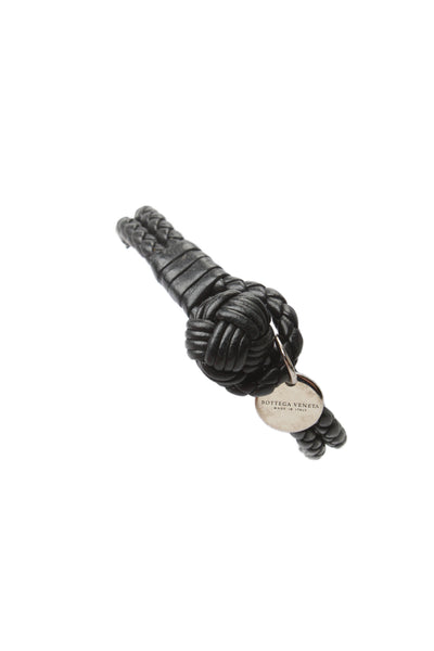 Bottega Veneta Womens Silver Tone Black Leather Intrecciato Wrap Bracelet 8.5"