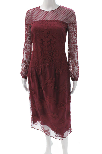Burberry Womens Red Lace Sheath Midi Dress Long Sleeve Floral Size 40