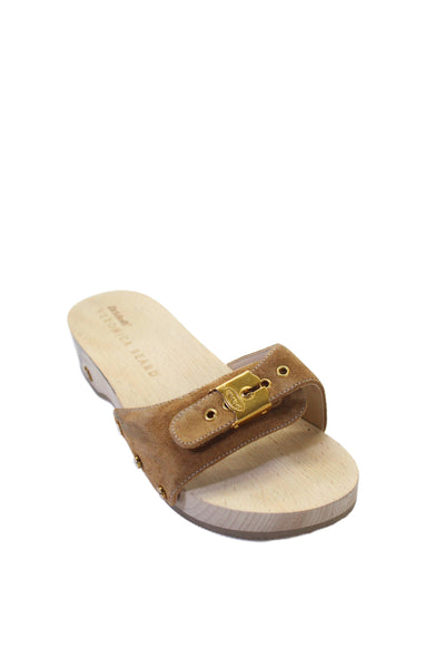 Veronica Beard Womens Suede Buckle Detail Wooden Clogs Shoes Brown Size 7